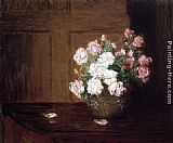 Bowl Canvas Paintings - Roses in a Silver Bowl on a Mahogany Table